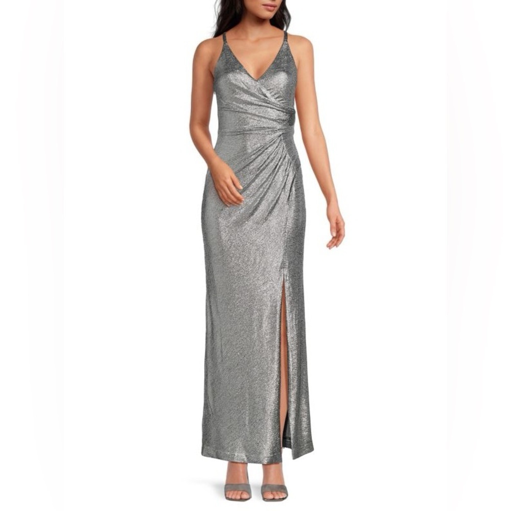ELIZA J Metallic Surplice Slit Gown in Steel Silver Size 4P